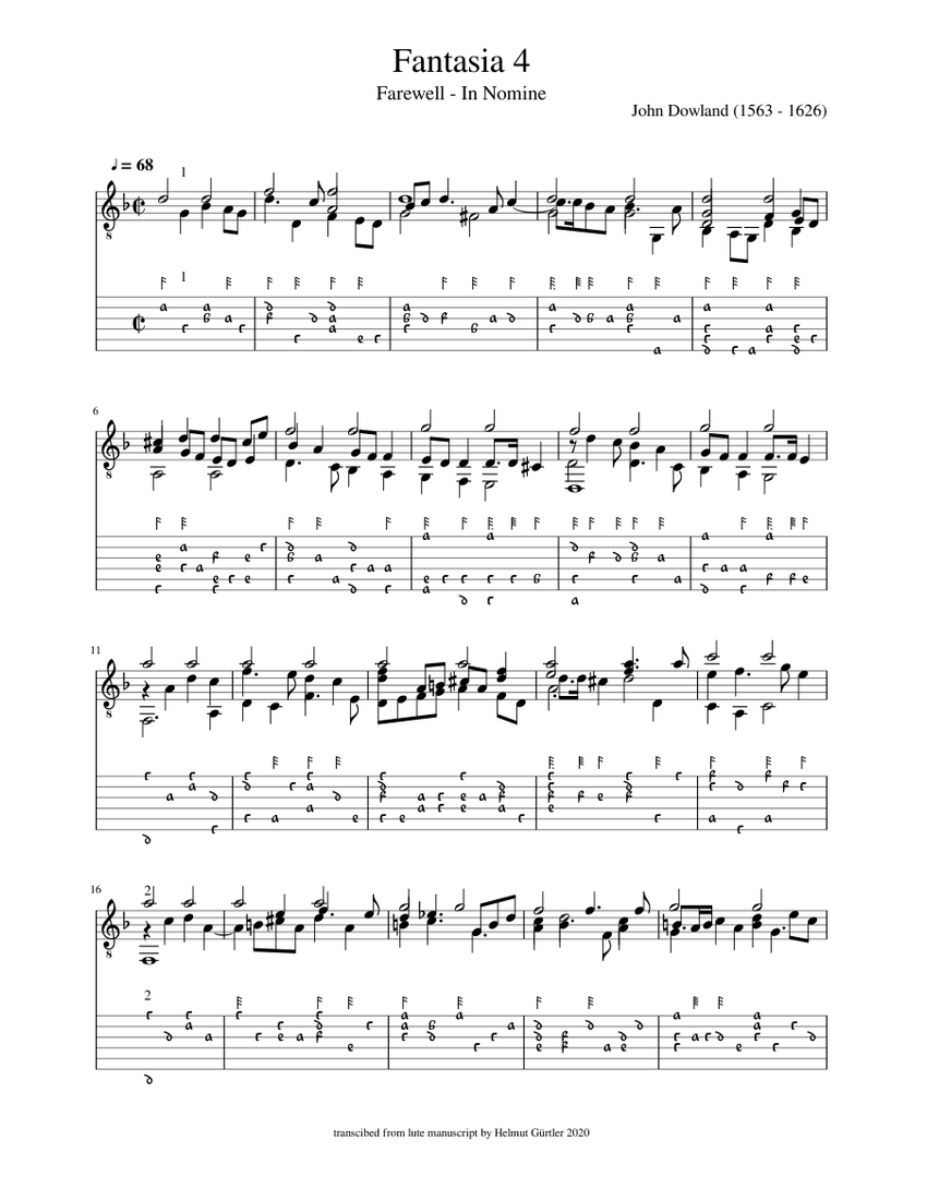 John Dowland - Fantasia 4 Farewell - In nomine Sheet Music and Tab