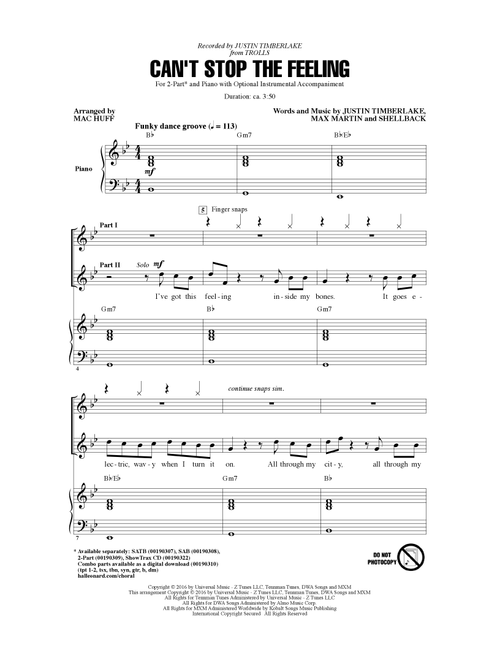 Can't Stop The Feeling (from Trolls) (arr. Mac Huff) - Justin Timberlake (Choral, 2-Part)
