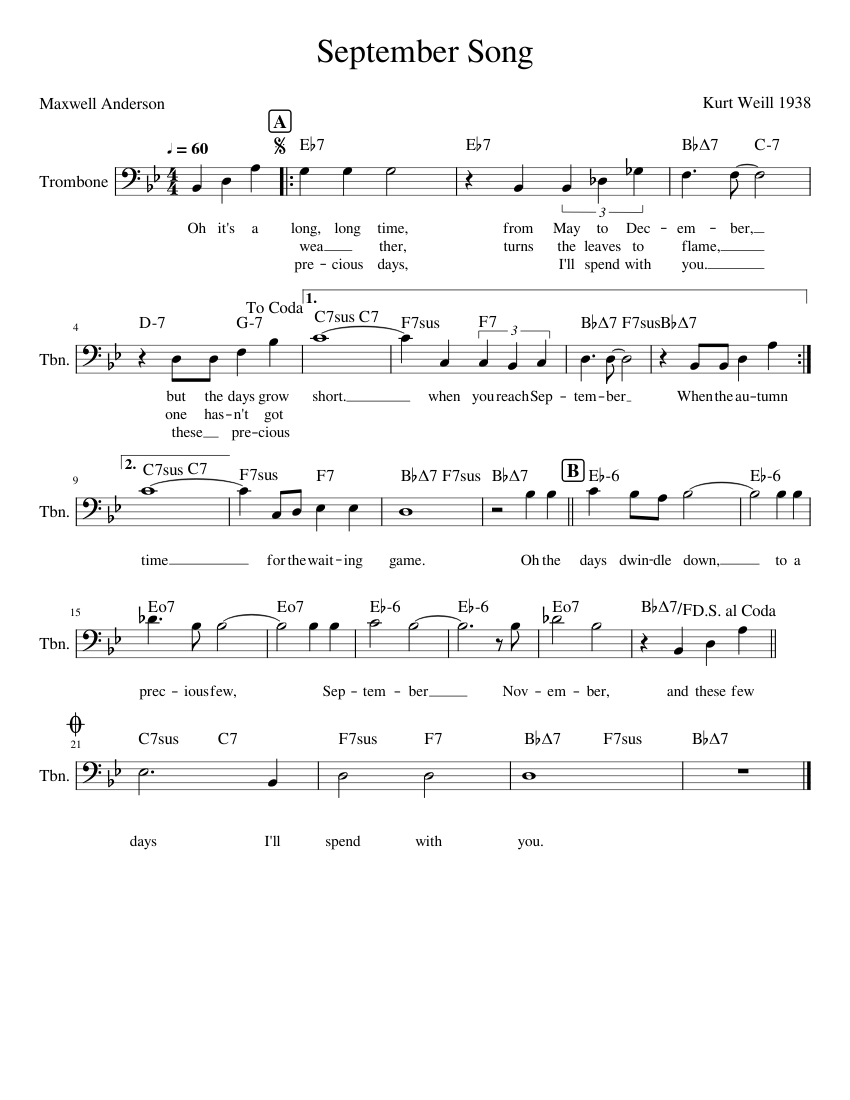 September Song Sheet Music with Chords for Trombone (Solo