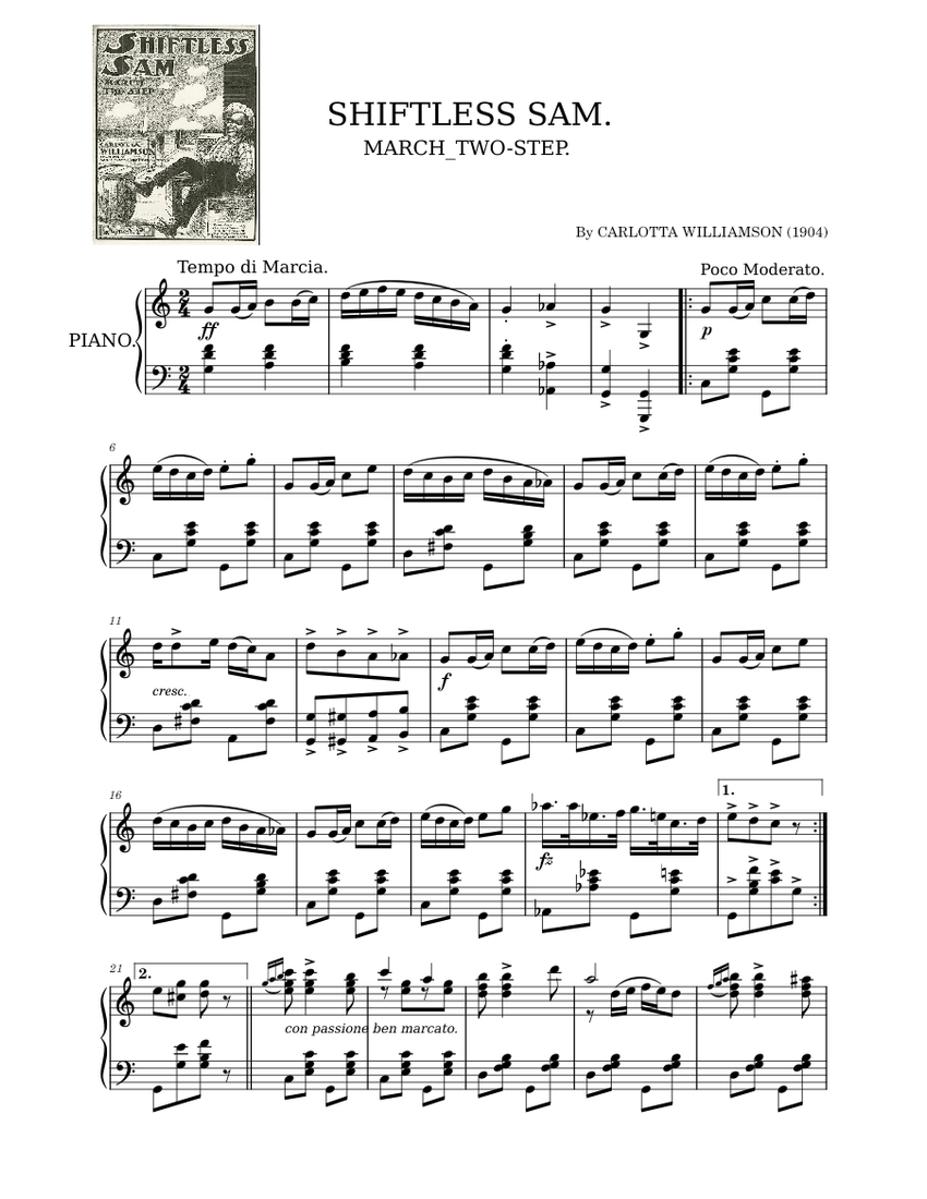 Shift Less Sam Shiftless Sam by Carlotta Williamson (1904) Sheet Music for Piano (Solo ...