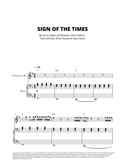Sign Of The Times (Arr. Cadenza Editions) - Harry Styles (Clarinet and Piano)