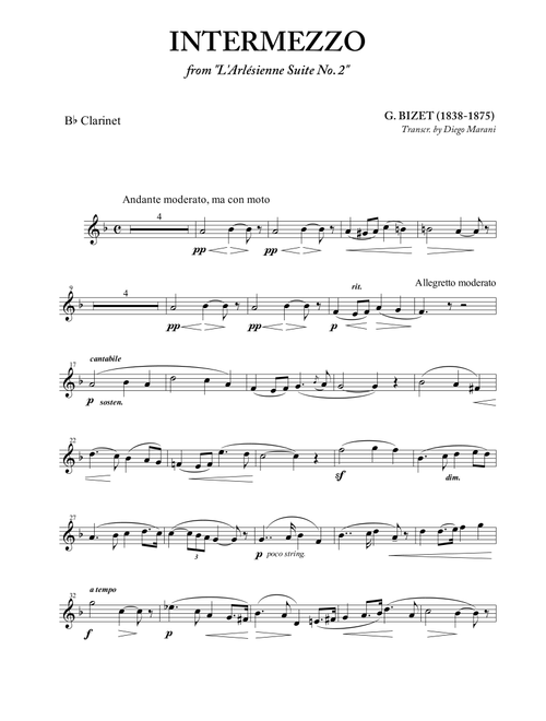 Intermezzo from "L'Arlésienne" for Clarinet and Piano (Arr. Diego Marani) - G. Bizet (Clarinet and Piano)