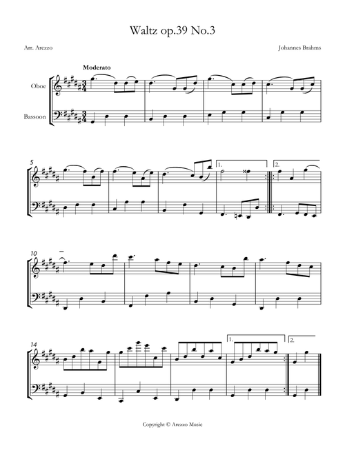 brahms waltz op 39 no 3 Oboe and Bassoon sheet music (Arr. Arezzo Music) - Johannes Brahms (Instrumental Duet)