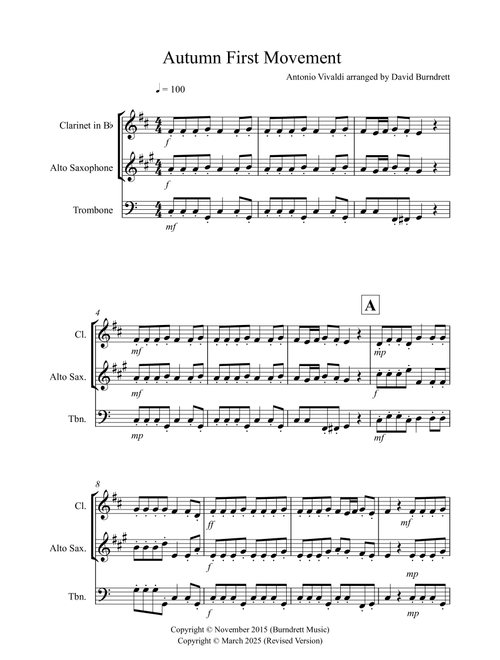 Autumn "Four Seasons" for Clarinet, Alto Saxophone and Trombone Trio (Arr. David Burndrett) - Antonio Vivaldi (Small Ensemble)