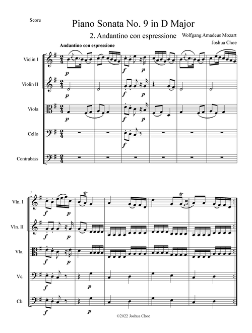 Piano Sonata No. 9 in D Major, Movement 2 (Arr. Joshua Choe) - Wolfgang Amadeus Mozart (Orchestra)