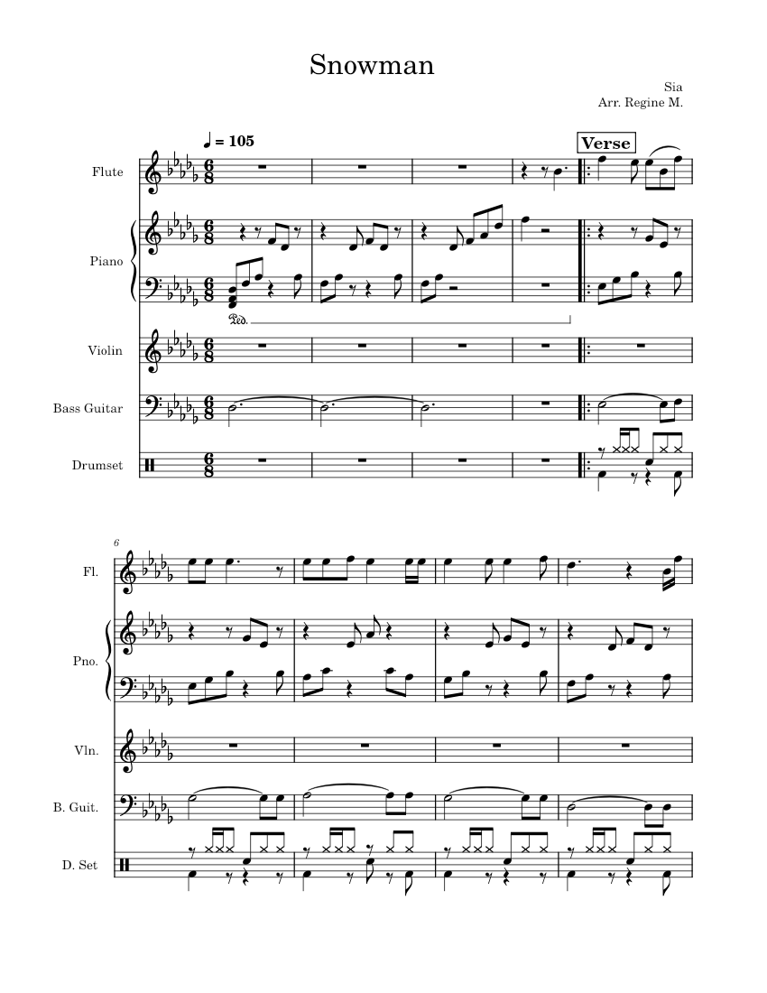 Snowman Sia Sheet music for Piano, Flute, Violin, Bass guitar & more