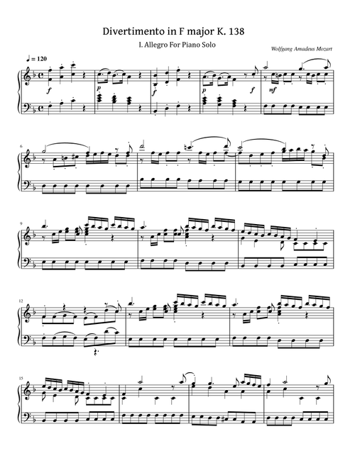 Mozart - Divertimento in F major K.138 I. Allegro - for Piano Solo (Arr. poon) - Wolfgang Amadeus Mozart (Piano Solo)