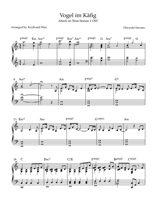 Vogel Im Kafig (Arr. Dean Aivaliotis) - Hiroyuki Sawano (Piano Solo)
