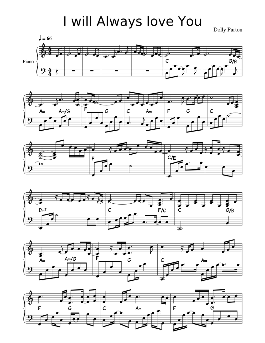 I WILL ALWAYS LOVE YOU – Dolly Parton Sheet Music with Chords for Piano ...