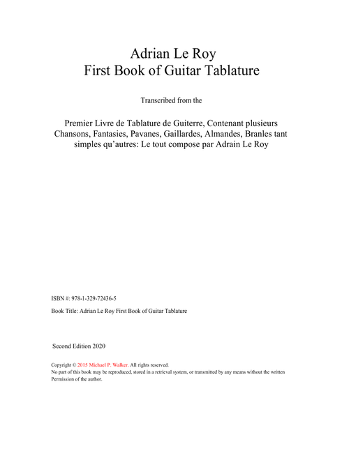 Adrian Le Roy: First Book of Guitar Tablature (Arr. Michael P. Walker) (Ukulele)