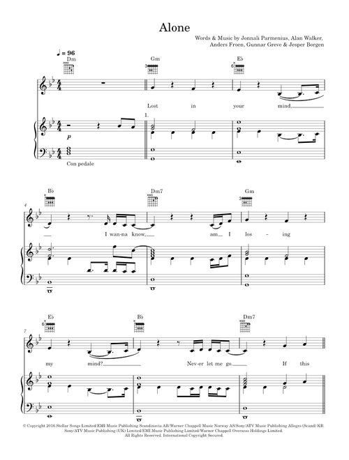 Alone - Alan Walker (Piano-Vocal-Guitar (Piano Accompaniment))