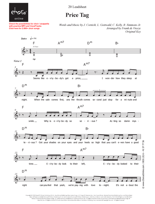 Price Tag (Arr. Frank de Vreeze) - Jessie J Featuring B.O.B (Choral, Unison)