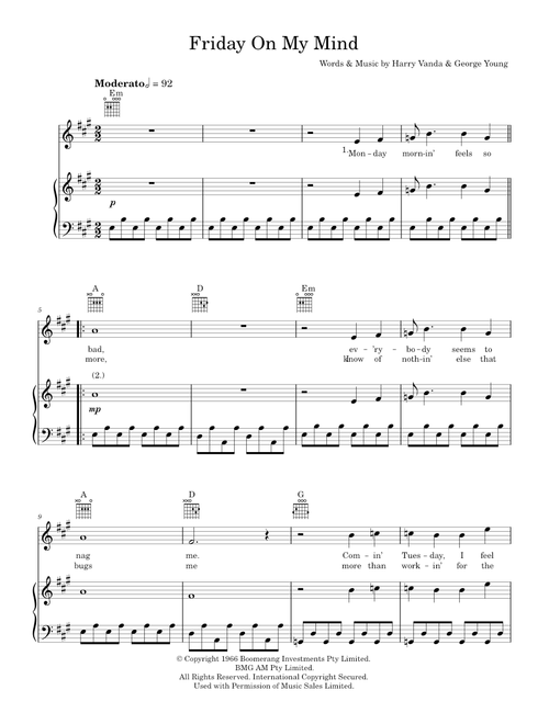 Friday on my mind - The Easybeats (Piano-Vocal-Guitar (Piano Accompaniment))