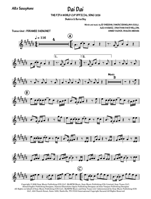 Dai Dai (Arr. Poramee Saengnet) - Shakira & Burna Boy (Alto Sax Solo)