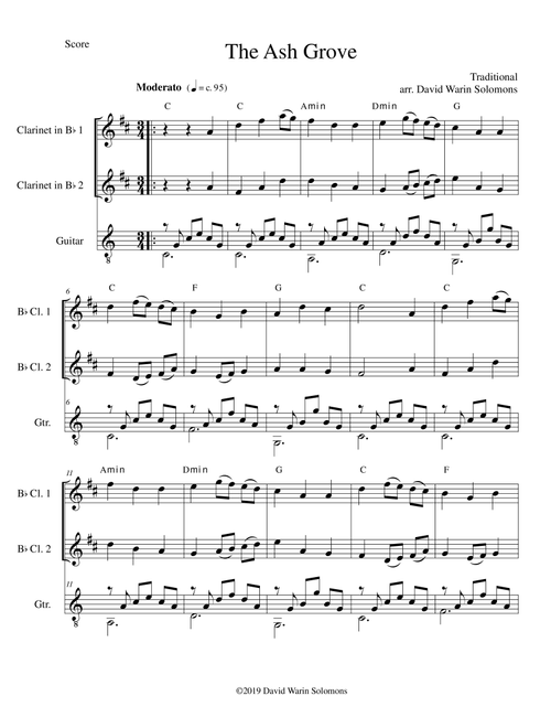The Ash Grove (Llwyn Onn) for 2 clarinets and guitar (Arr. David Warin Solomons) - Traditional (Instrumental Duet)