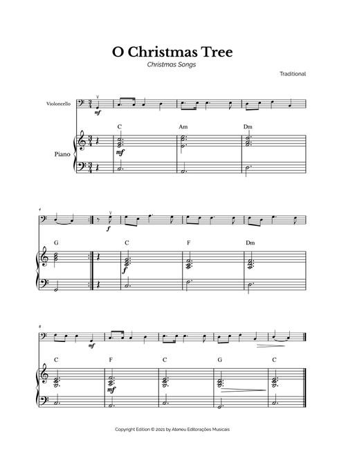 O Christmas Tree for Easy Cello and Piano (Arr. Marcos Soares) - Traditional Song (Cello and Piano)