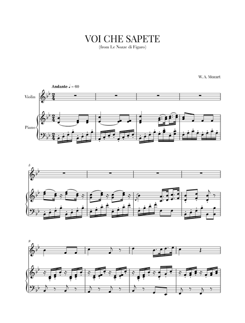 Mozart - Voi Che Sapete (for Violin and Piano) (Arr. Cadenza Editions) - Wolfgang Amadeus Mozart (Small Ensemble)