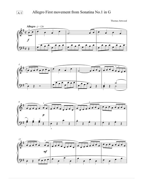 Allegro First movement from sonatina No.1 in G - Thomas Attwood (Piano Solo)
