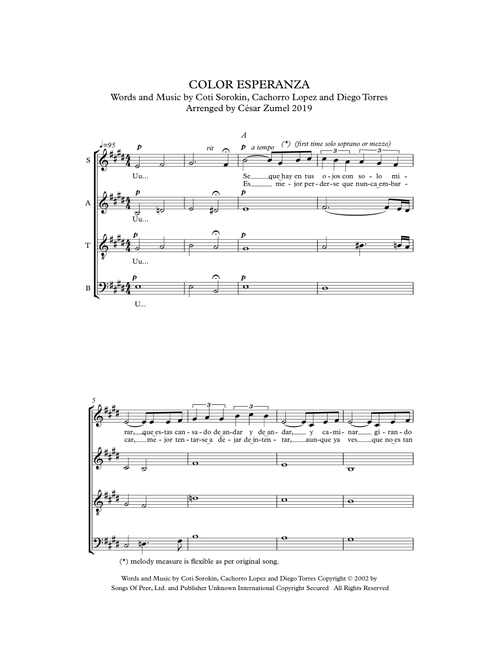 Color Esperanza (Arr. César Zumel) - Diego Torres, Coti Sorokin, Cachorro Lopez (Choral, SATB)