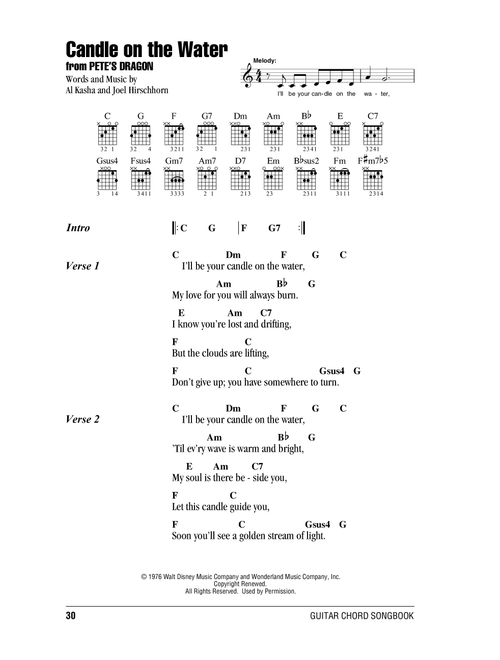 Candle On The Water (from Pete's Dragon) - Helen Reddy (Guitar Chords-Lyrics)