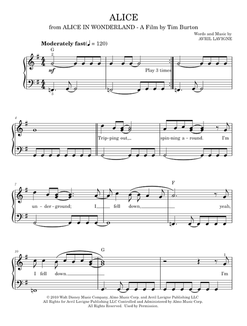 Alice - Avril Lavigne (Easy Piano)