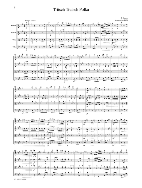 J.Strauss Trisch Trasch Polka, for string quartet, CS109 (Arr. FCMUSIC) (String Quartet)