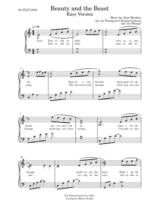 Beauty and the Beast – Alan Menken Easy Version Arr. by Promporn Chutisiriwatana
