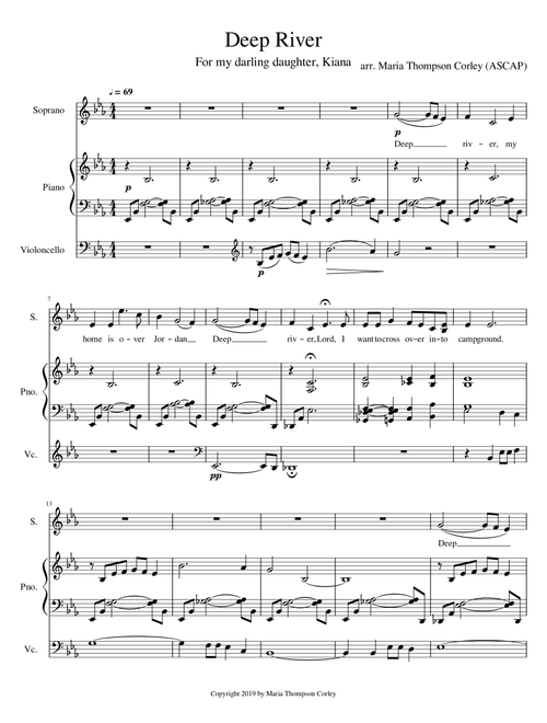 Deep River, arranged for high voice (B flat or C Instrument), piano and cello (Arr. Maria Thompson Corley) (Small Ensemble)
