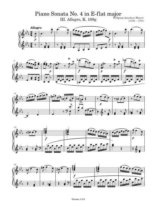 [III. Allegro] Piano Sonata No. 4 in E-flat major, K. 189g – W. A. Mozart