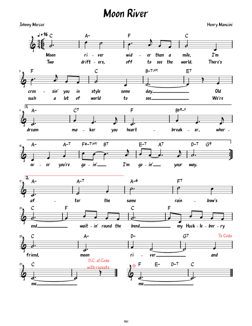 Moon River lead sheet with lyrics Sheet music for Piano Solo Easy Musescore