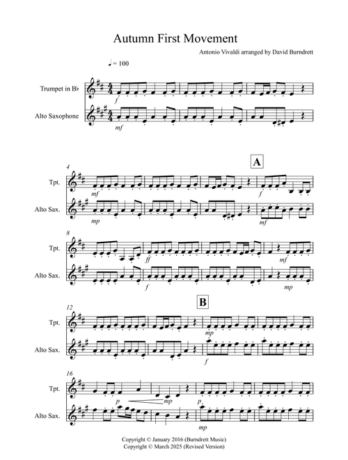 Autumn "Four Seasons" for Trumpet and Alto Saxophone Duet (Arr. David Burndrett) - Antonio Vivaldi (Instrumental Duet)