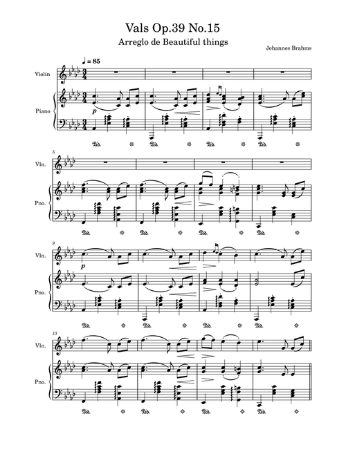 Vals Op.39 No.15 (Arr. Beautiful things) - Johannes Brahms (Instrumental Duet and Piano)