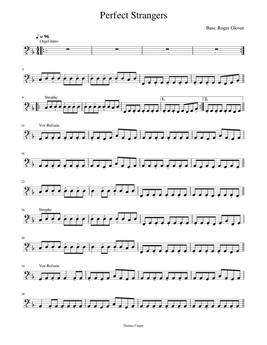 Perfect Strangers - Bass Transkription Sheet Music for Piano (Solo