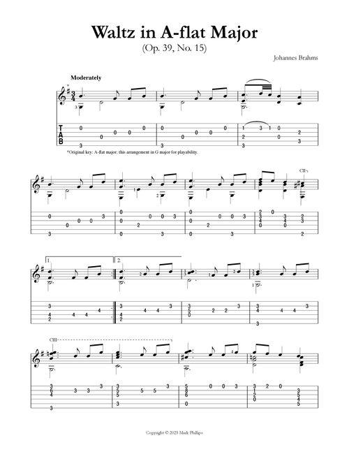 Waltz in A-flat Major (Op. 39, No. 15) (Arr. Mark Phillips) - Johannes Brahms (Guitar Tab)