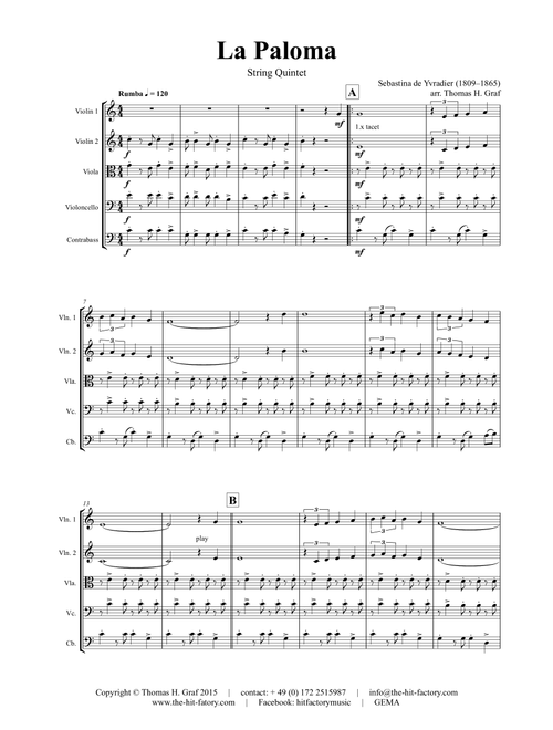 La Paloma - Spanish Habanera THE WHITE DOVE - String Quintet (Arr. Thomas Graf) - Sebastina de Yvradier (1809–1865) (String Ensemble)