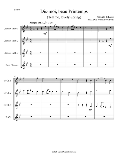 Dis-moi, beau printemps (Tell me, lovely Spring) for clarinet quartet (Arr. David Warin Solomons) - Orlando di Lasso (Clarinet Solo)