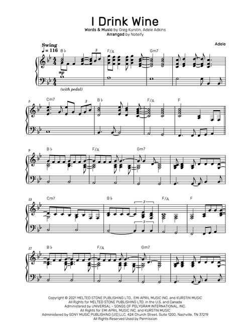 I Drink Wine (Arr. Noteify) - Adele (Piano Solo)