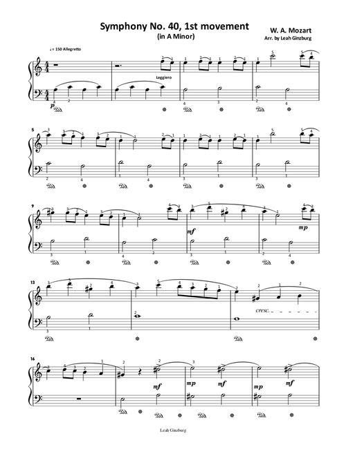 Symphony No. 40, 1st movement (Arr. Leah Ginzburg) - Mozart (Piano Solo)