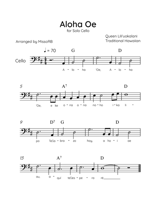 Aloha Oe - Solo Cello in D Major Easy With Lyrics & Chords (Arr. MissoRB) - Queen Liliʻuokalani (Cello Solo)