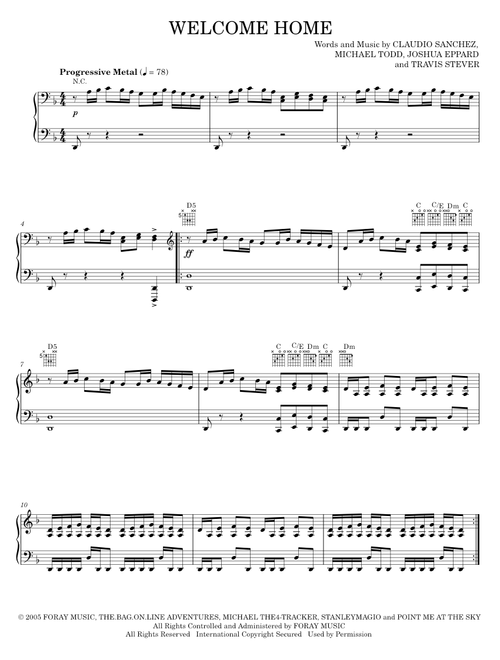 Welcome Home - Coheed And Cambria (Piano-Vocal-Guitar)