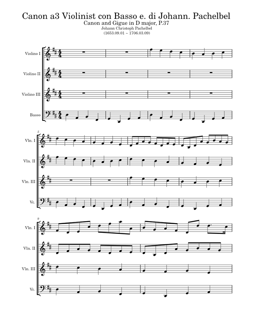 Canon a3 Violinist con Basso e. di Johann. Pachelbel Sheet