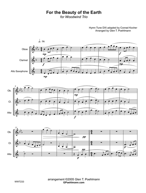 FOR THE BEAUTY OF THE EARTH - OBOE (Flute), CLARINET & ALTO SAX (unaccompanied) (Arr. Glen Poehlmann) - Conrad Kocher (Woodwind Ensemble)