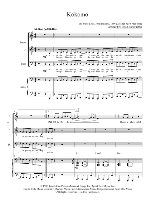 Kokomo (Arr. Bryan Starkweather) - The Beach Boys (Choral, TTB)
