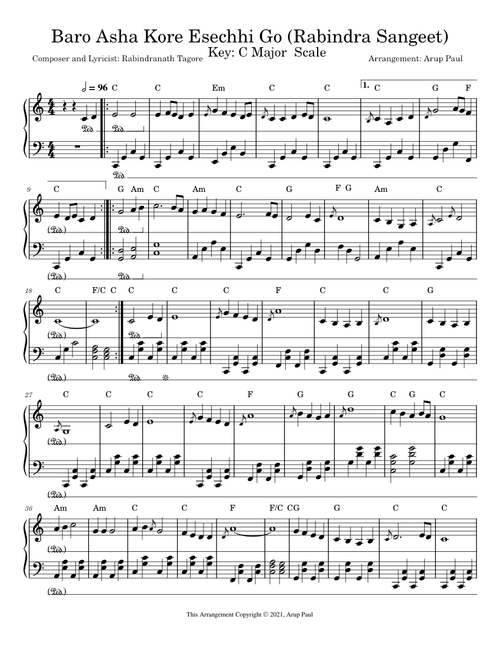 Baro Asha Kore Esechhi Go Rabindra Sangeet Piano Solo Version Staff Notation by Arup Paul