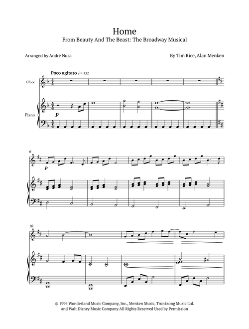 Home (Arr. André Nusa) - Tim Rice, Alan Menken (Oboe and Piano)