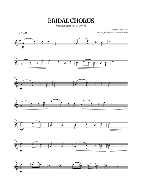 Wagner • Here Comes the Bride (Bridal Chorus) from Lohengrin | trumpet in Bb sheet music (Arr. Benzaiten Editions) - Richard Wagner (Trumpet Solo)