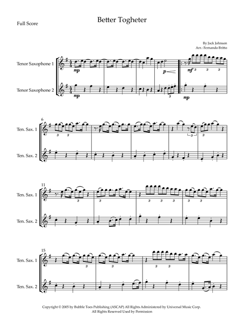 Better Together (Arr. Fernando Britto) - Jack Johnson (Tenor Sax Duet)
