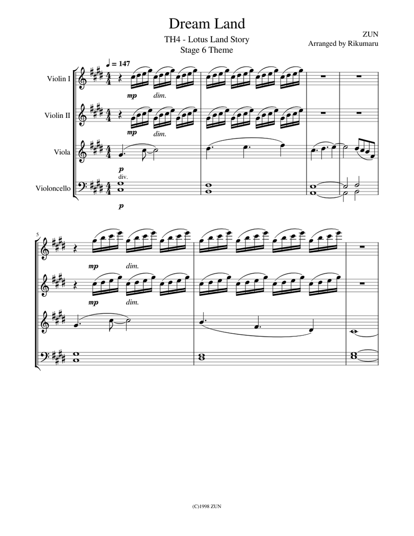 Dream Land ZUN String Quartet Arrangement Sheet music for Violin