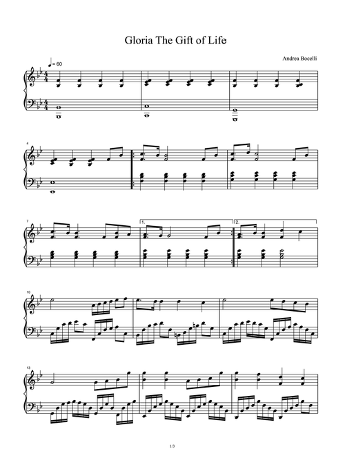 Gloria The Gift Of Life (Arr. Andrea Bocelli) (Piano Solo)