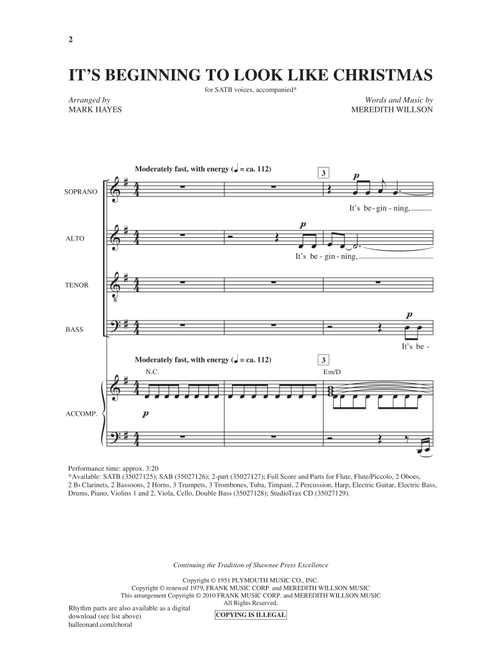 It's Beginning To Look Like Christmas (arr. Mark Hayes) - Meredith Willson (Choral, SATB)